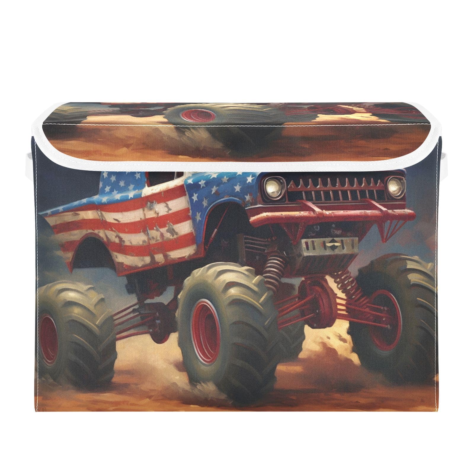 YMGQYJ American Monster Truck Storage Cube with Lid Collapsible, Large Capacity Foldable Storage Basket Bin Organizer 16.5×12.6×11.8 inches