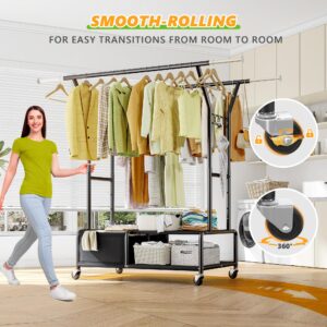 Raybee Clothes Racks for Hanging Clothes with Shelves, Adjustable Clothing Rack with Lockable Wheels, Multi-Functional Closet Rack For Bedroom, Heavy Duty Garment Racks for Hanging 220+ Clothes