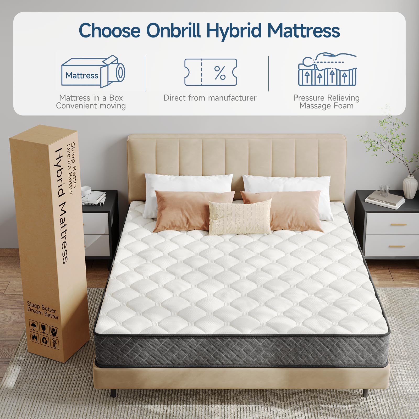 ONBRILL King Mattress,10 Inch Hybrid Mattress in a Box with Memory Foam,Motion Isolation Individually Wrapped Pocket Coils Mattress,Medium Firm King Bed Mattresses CertiPUR-US Certified