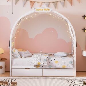 VilroCaz Multi-Functional Twin Size Daybed with 2 Drawers and Arched Roof Canopy, Solid Wood House Bed with Fabrics Curtain and Light Strip for Kids Teens Boys Girls, Sturdy Slat Support (White-Arch)