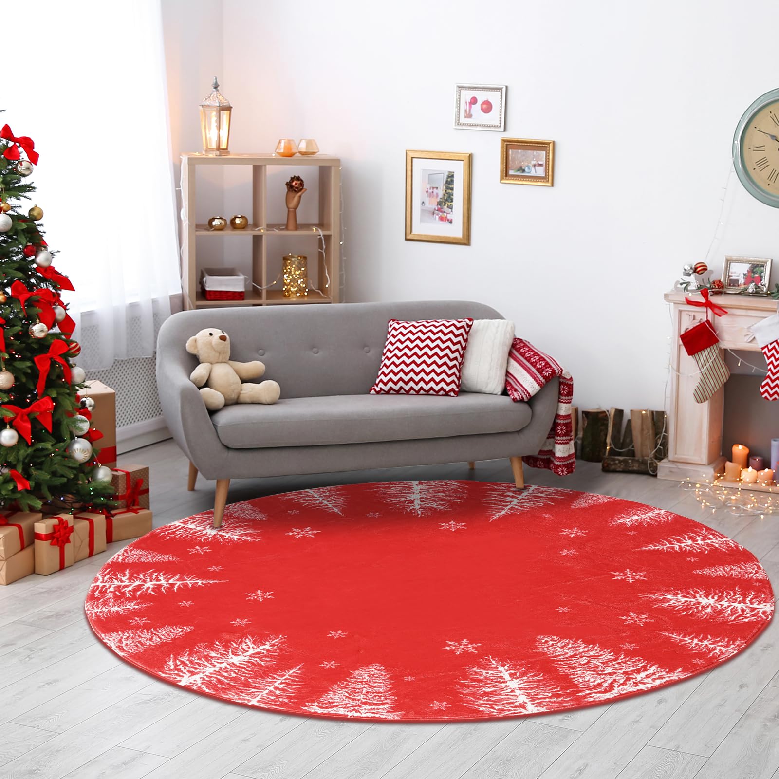 Christmas Round Area Rug 4ft, Washable Kitchen Rugs Non-Slip Indoor Runner Rug Carpet, Christmas Snowflake Holiday Rug for Bedroom Bathroom Living Dining Room Decor