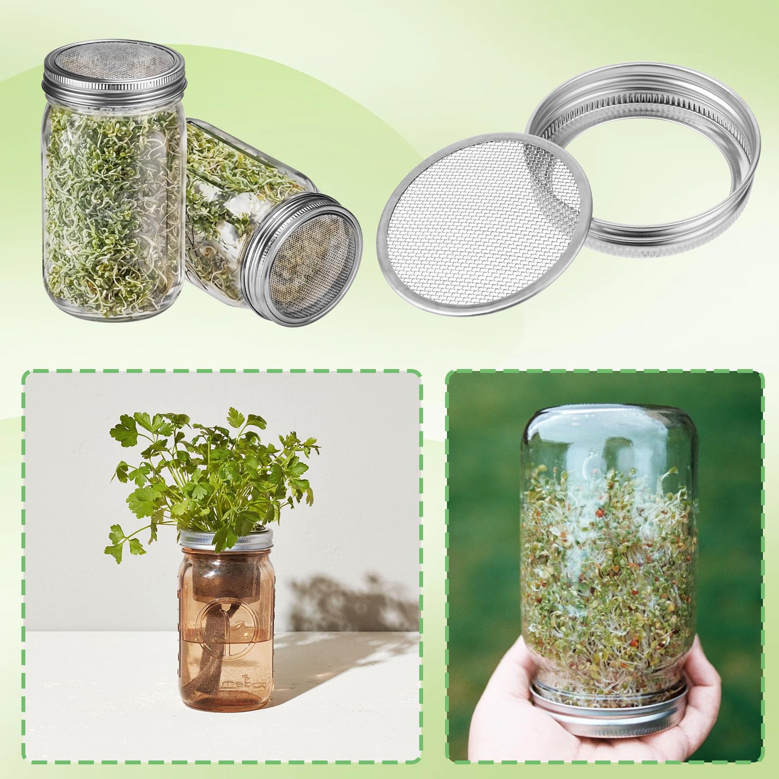 10 Pack Stainless Steel Sprouting Lids, Mason Jar Sprouting Lids, Mesh Bean Sprout Sieve Lids for Mouth Mason Jar, Growing Bean, Seed