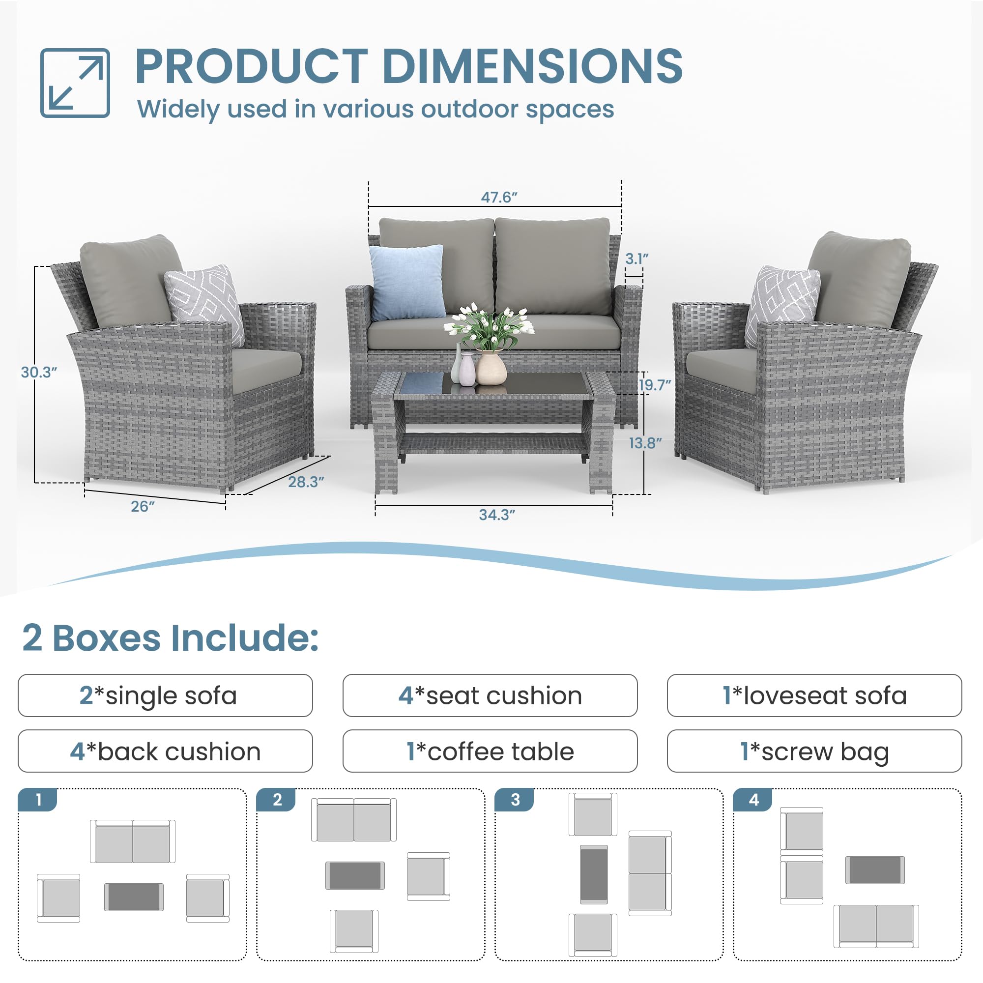 Amopatio 4 Pieces Outdoor Patio Furniture Set,Wicker Sectional Sofa Outdoor Patio Set Outdoor Rattan Patio Furniture, Patio Conversation Sets with Cushion, Grey