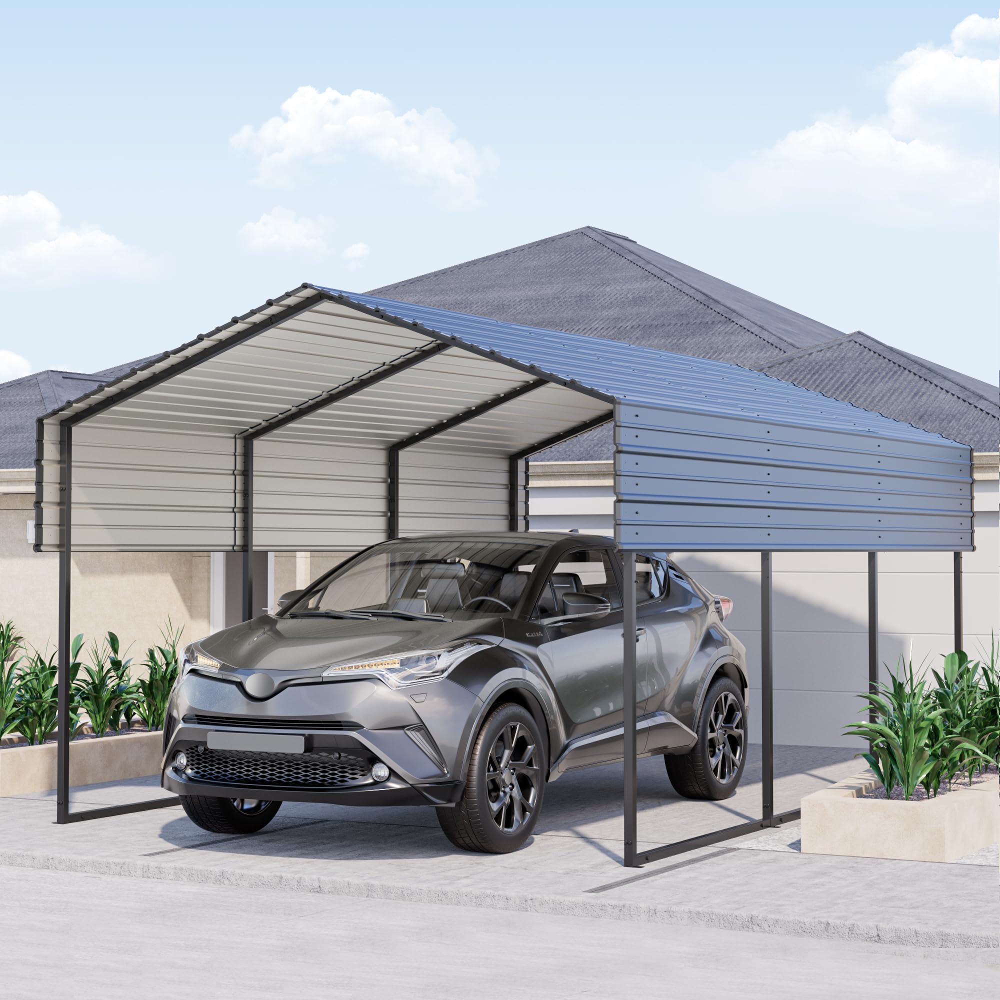 Metal Carport 10'x15'x8.5' Ft Heavy Duty Grey Galvanized Steel Roof Multi-Use Shelter Canopy with Metal Frame, Prefab Carport Garage for Cars, Boats, and Tractors