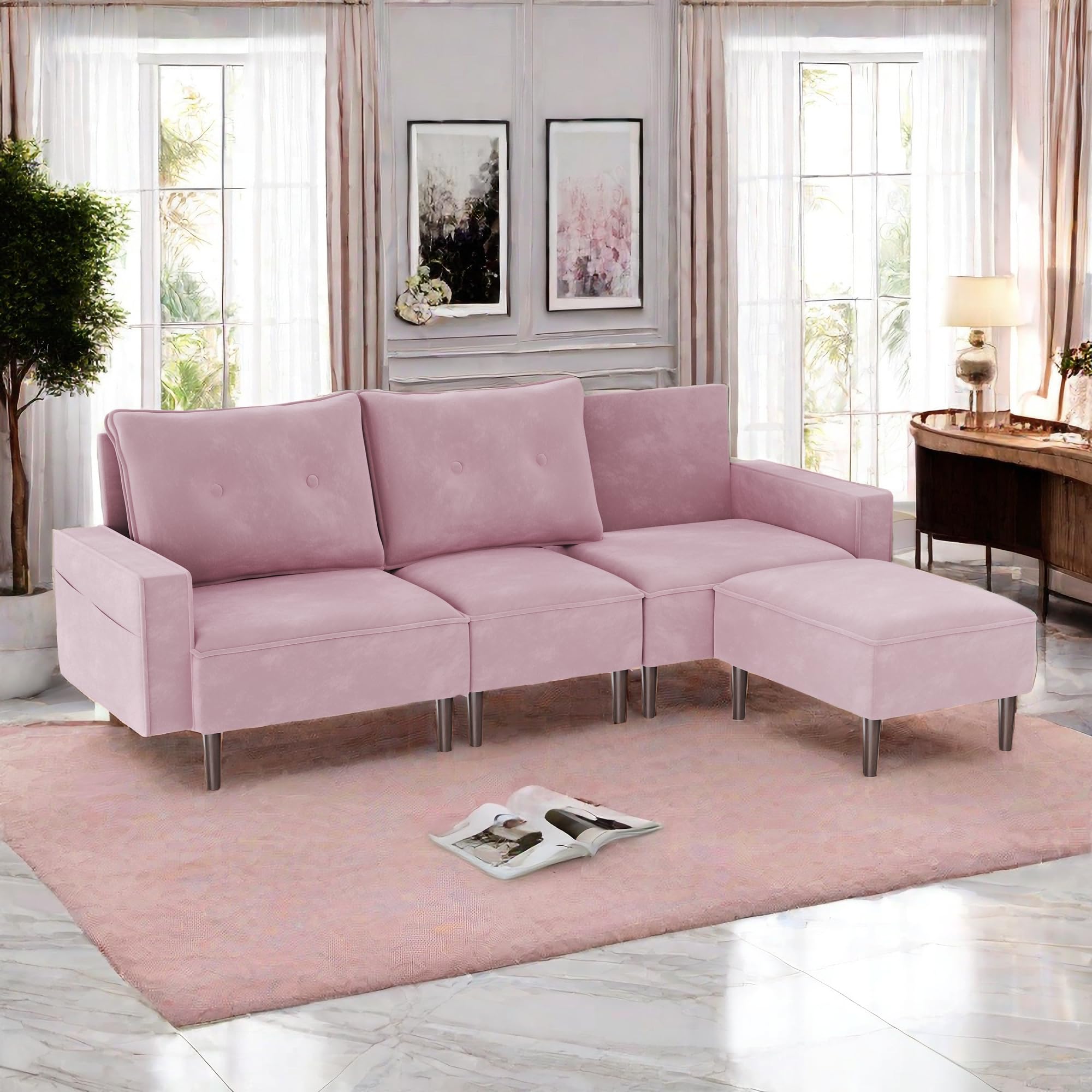 YITAHOME Modular Sectional Sofa for Small Space, Flexible Combination Convetible Couch with Ottoman, Modern Velvet Fabric Loveseat for Apartment Sleeping Room Living Room, Pink