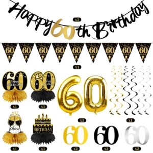 Guiruiy 13PCS 60th Birthday Decorations for Men Women, Black Gold Happy 60 Birthday Banner Centerpieces Swirls Balloons Kit Party Supplies, Sixty Years Old Bday Ceiling Table Topper Decor