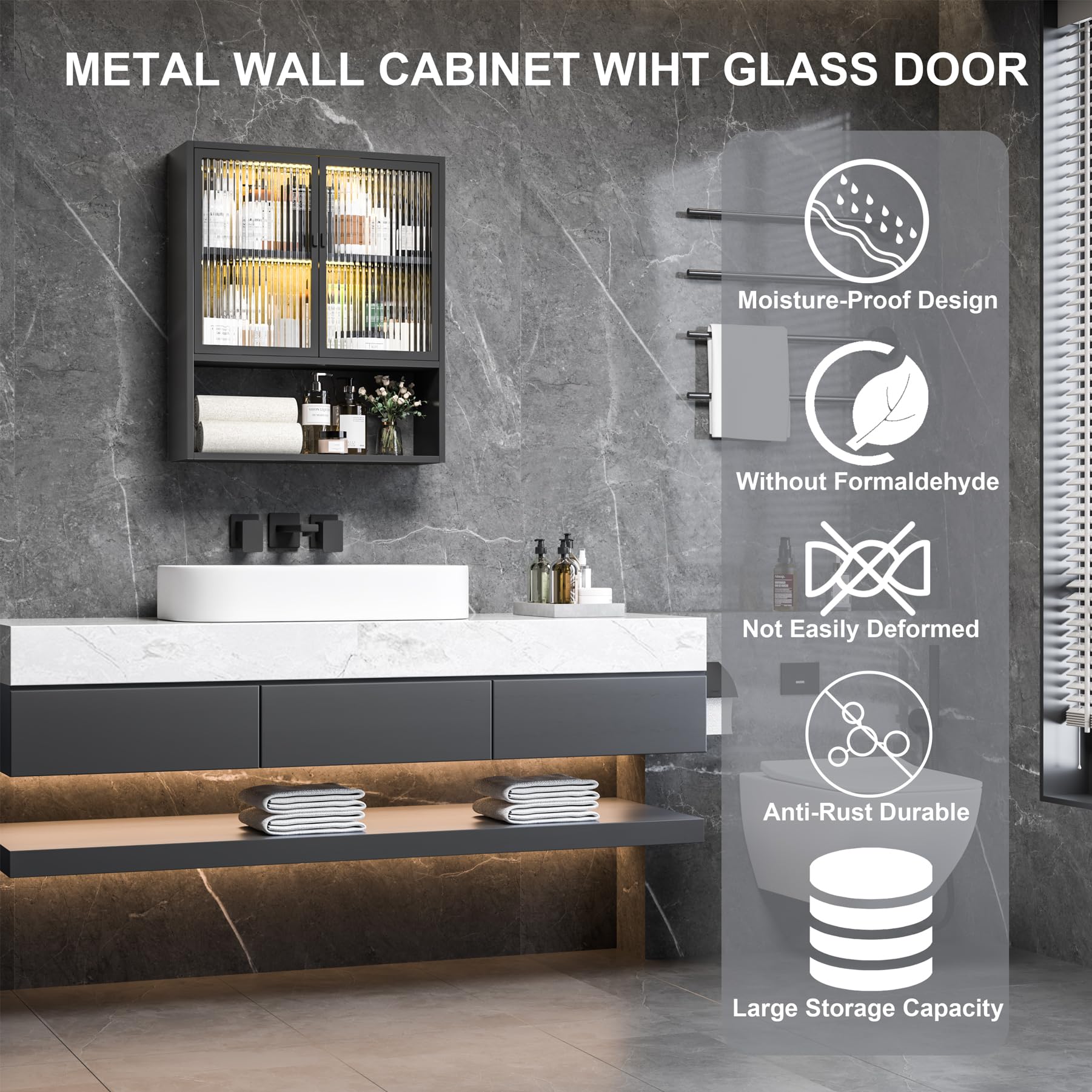 OSEILLC Bathroom Wall Cabinet, Metal Bathroom Wall Cabinet with Glass Doors and Lights, Black Bathroom Storage Cabinet, Over The Toilet Cabinet, Bathroom Medicine Cabinets