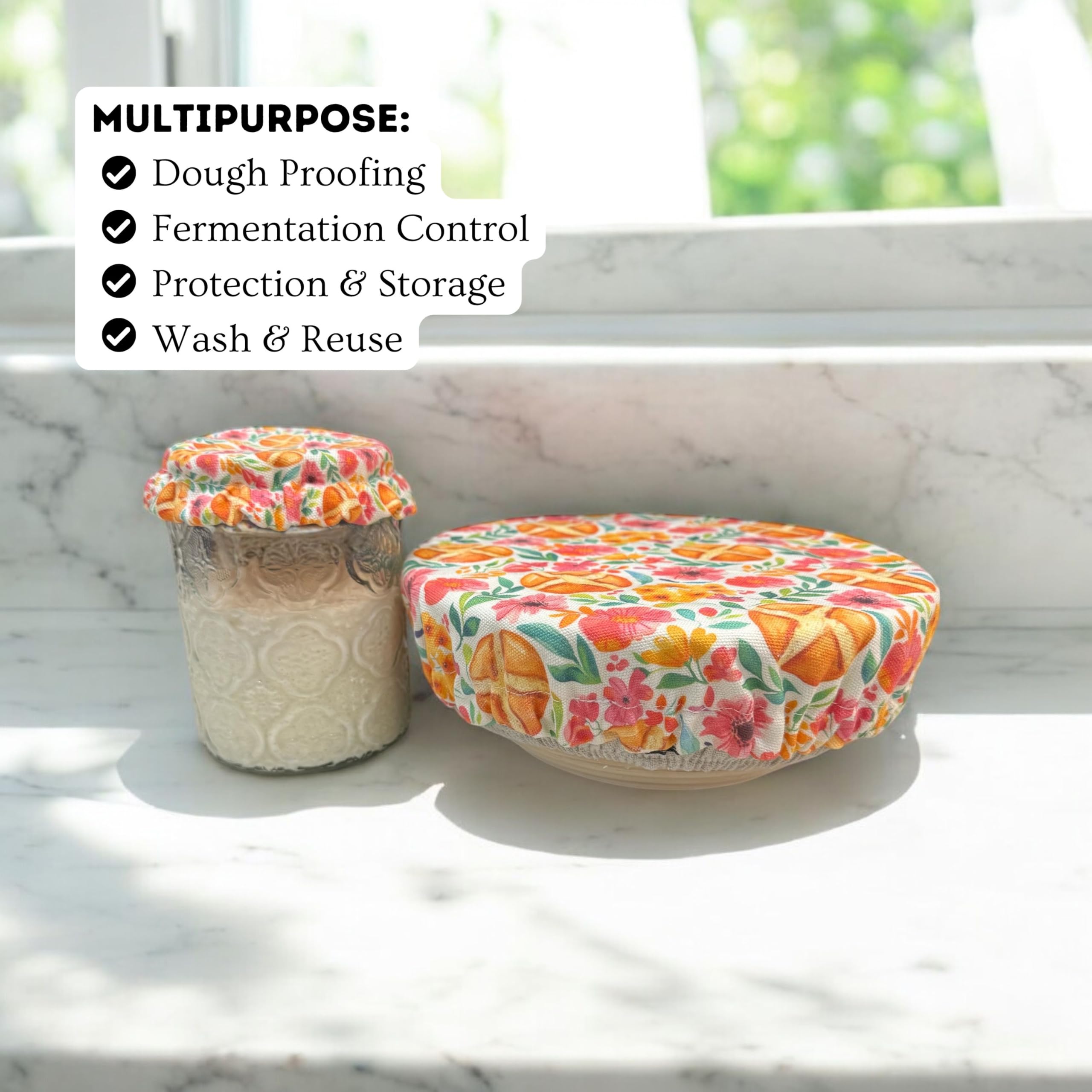 (4-Pack) Sourdough Reuseable Jar & Bowl Covers | Cute Baking Gift | 100% Cotton (3.7in, 7in, 9.25in, 11in) | Washable | Bread Making and Proofing | Kitchen Food Storage Gifting | Starter Cover Lid Kit