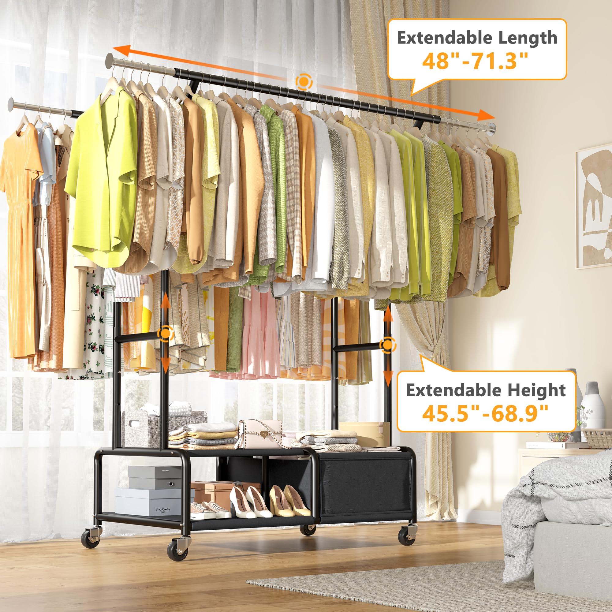 Raybee Clothes Racks for Hanging Clothes with Shelves, Adjustable Clothing Rack with Lockable Wheels, Multi-Functional Closet Rack For Bedroom, Heavy Duty Garment Racks for Hanging 220+ Clothes