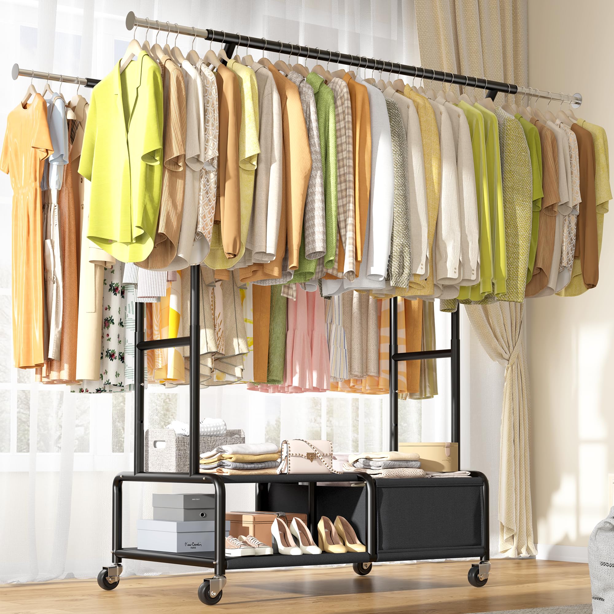 Raybee Clothes Racks for Hanging Clothes with Shelves, Adjustable Clothing Rack with Lockable Wheels, Multi-Functional Closet Rack For Bedroom, Heavy Duty Garment Racks for Hanging 220+ Clothes