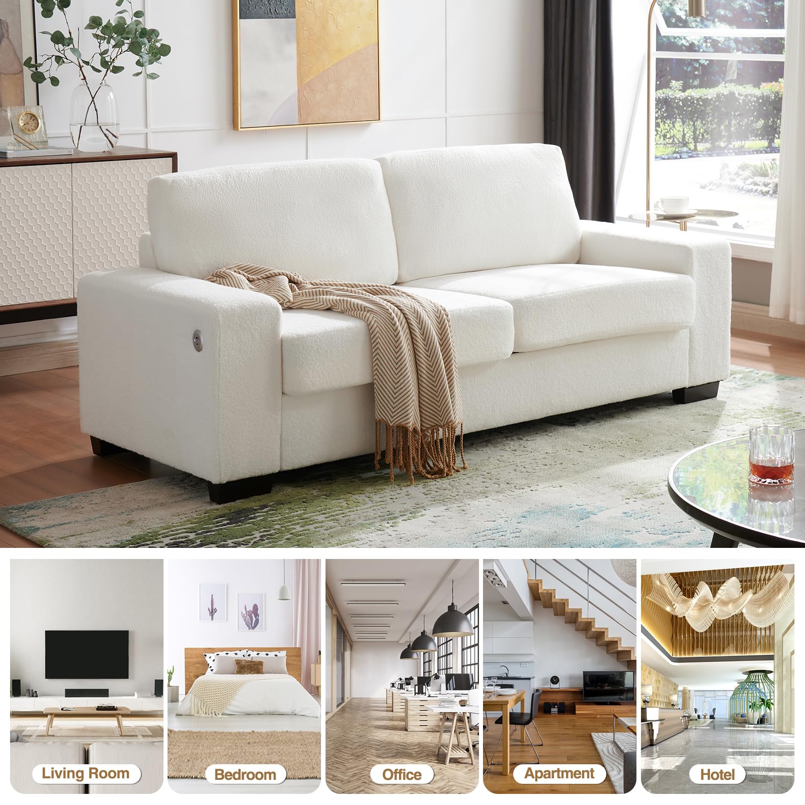 FiveWillowise Comfy Couch, 79-inch Love Seat Couches, Cream Couch, Deep Seat Sofa with Charging Ports and Solid Wood Legs, Cloud Couch Sofa, Small Couches for Living Room Apartment Office, White