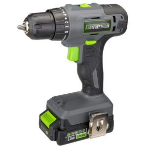 genesis g20max 20v cordless drill with battery and charger 2-speed 3/8" keyless chuck, 300 in-lb torque, 23+1 clutch settings, 2 year warranty