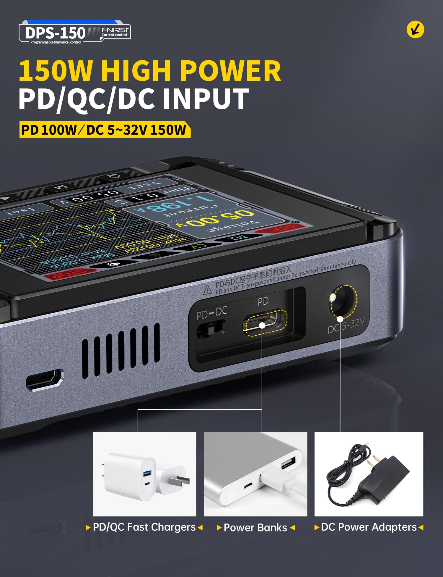 FNIRSI DPS-150 DC Power Supply Variable, 30V 5A Adjustable DC CNC Power Supply with 4-Digit IPS Display, <20mV Power Ripple, PD/QC/DC Input, PC Programmable Switching Power Supply (NO Power Adapter)