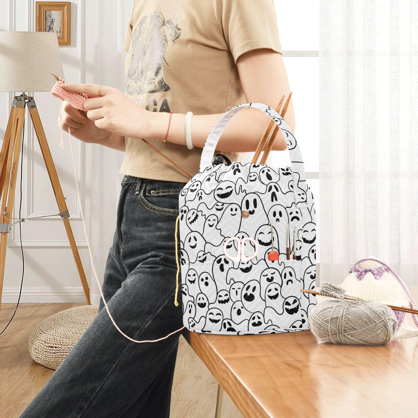 Aslsiy Yarn Bag Black and White Funny Ghosts Small Crochet Bag Knitting Project Bag for Yarns Crochet Accessories Gifts for Crocheter Knitter