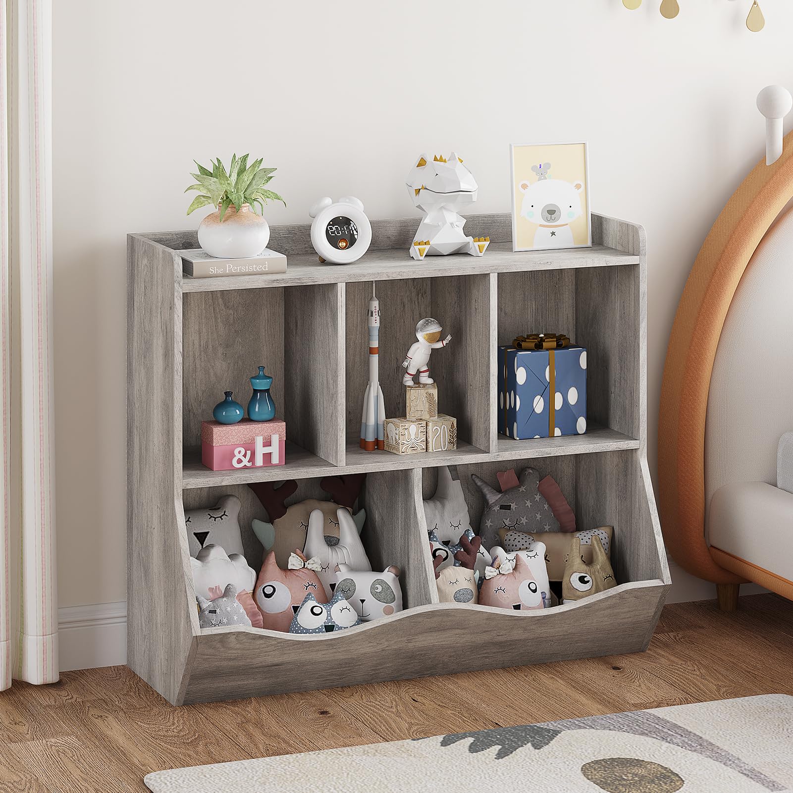 ELETHEBIA Grey Toy Bookcase & Bookshelf, Stylish Multi-Shelf Storage Organizer Cabinet with Cubby Spaces for Books and Toys, for Bedroom, Playroom and Hallway