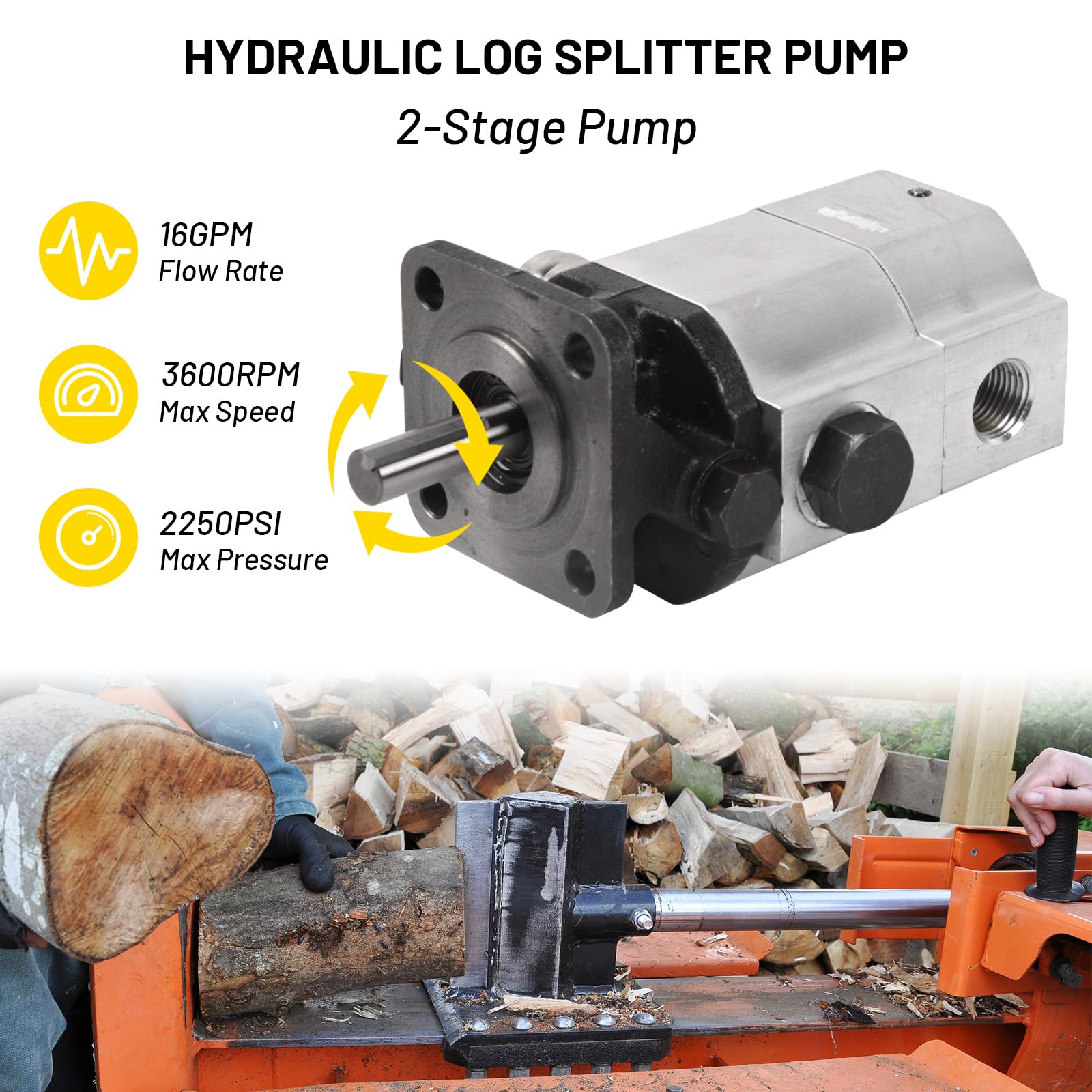 MAIGENAITE Wood Splitter Hydraulic Pump 2 Stage 16 GPM Hydraulic Log Splitter Pump 3000 PSI Gear Pump 3600 RPM 1" Inlet 1/2" NPT Outlet Aluminum Hydraulic Pumps for Power Log Splitters