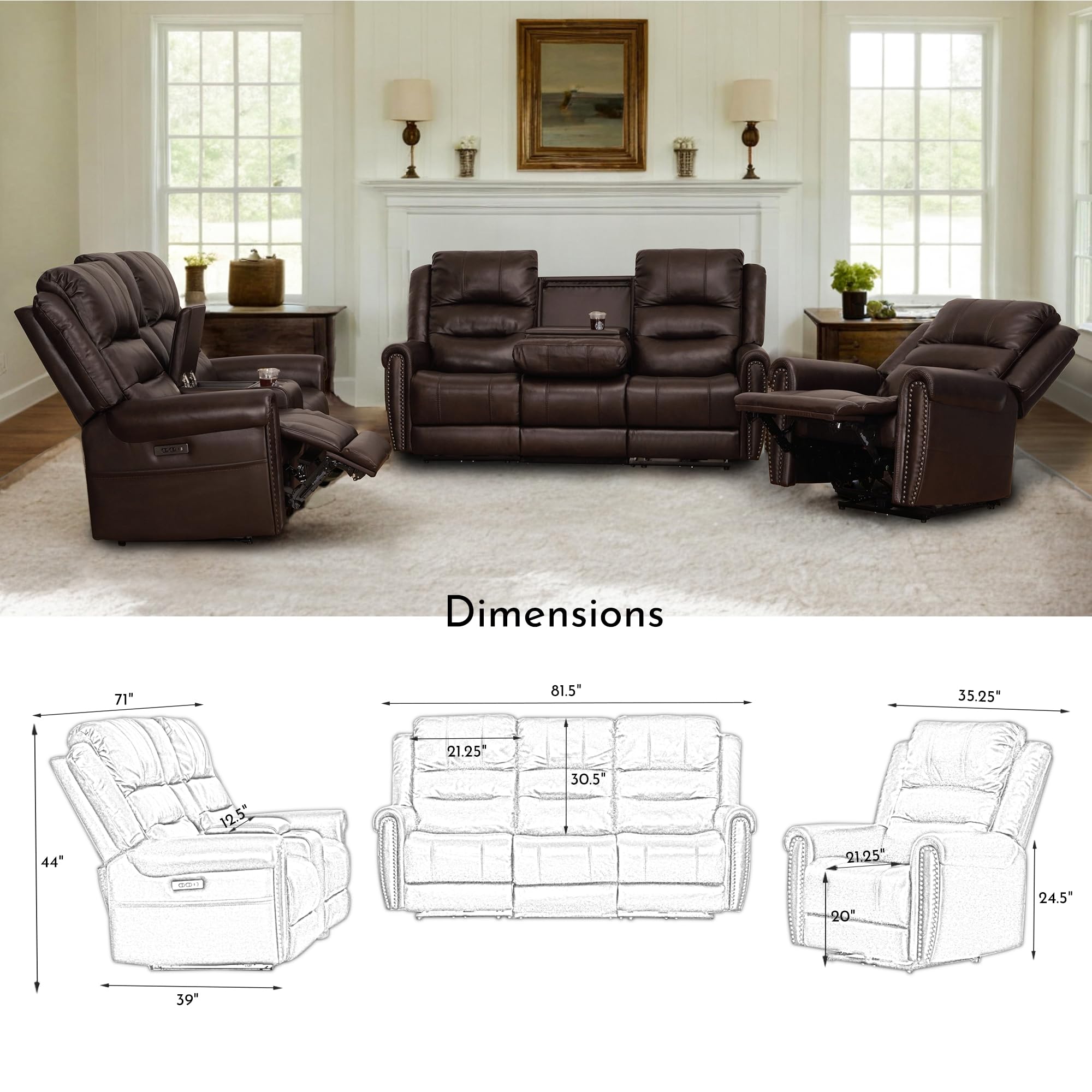 Power Recliner Sofa Set, Genuine Top Grain Leather Dual Motor Reclining Couch Set with Dropdown Table and Adjustable Headrest, 3 Piece Living Room Set with Loveseat, Console (Brown, 6-Seats Sofa Set)