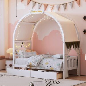 vilrocaz multi-functional twin size daybed with 2 drawers and arched roof canopy, solid wood house bed with fabrics curtain and light strip for kids teens boys girls, sturdy slat support (white-arch)