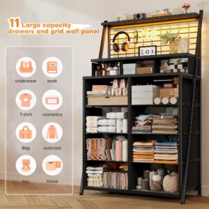 EnHomee 51"H,Dresser for Bedroom with 11 Fabric Drawers,Tall Dresser with LED Lights,Black Dressers & Chests of Drawers for Bedroom,Drawers for Bedroom,Living Room,Closet,Wooden Top,Steel Frame,Black