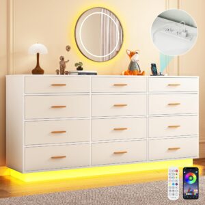 white 12 drawers dresser w/power outlet,60000-colors lights,63in long dresser chest for bedroom,wooden tall large capacity clothing storage cabinet for living room(white,12 drawers dresser)