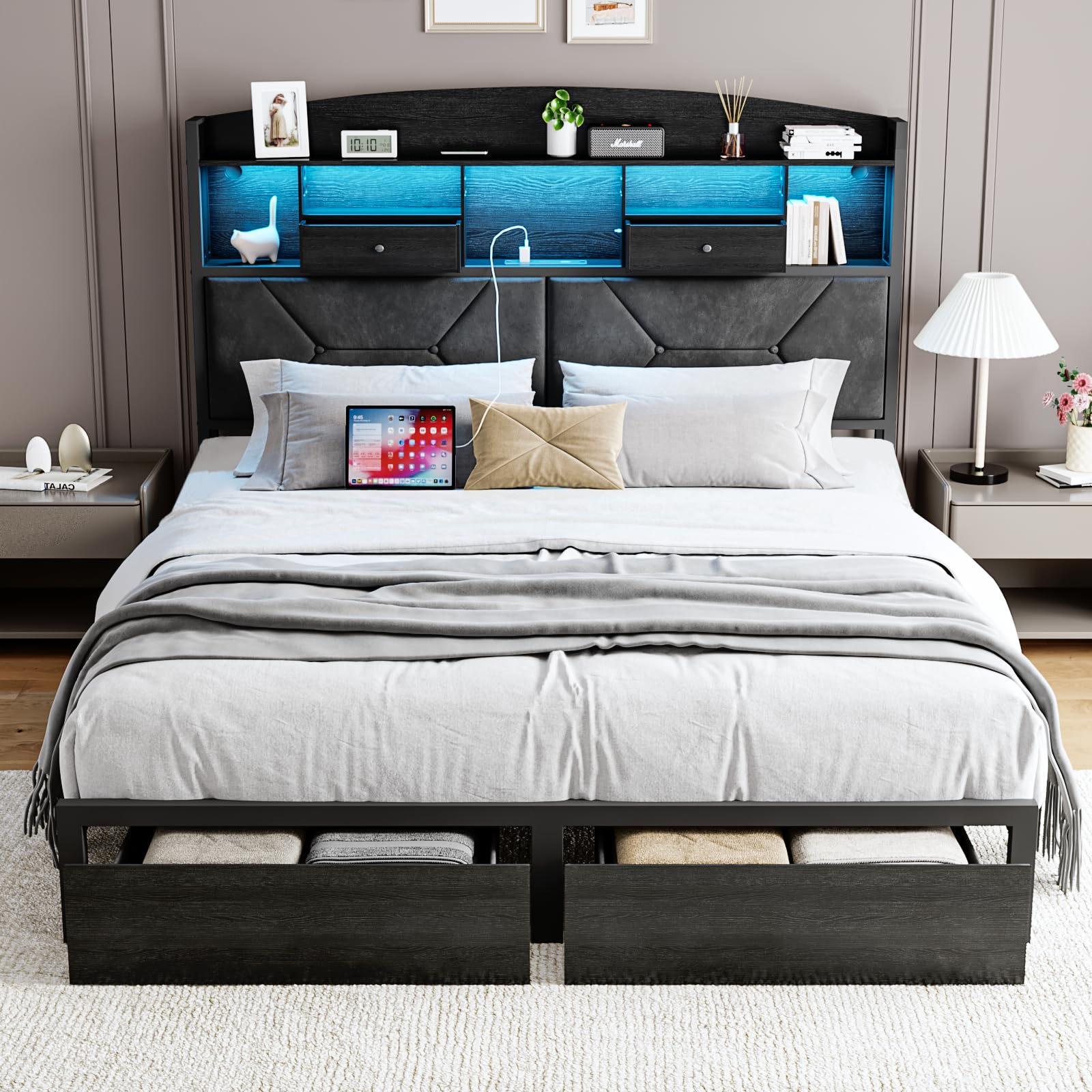 DOGIBIXO Full Size Black Bed Frame with 4 Drawers, Upholstered Velvet Platform Bed Frames with Led Lights, Button Tufted Headboard, Wooden Slats Support, No Box Spring Needed, Black