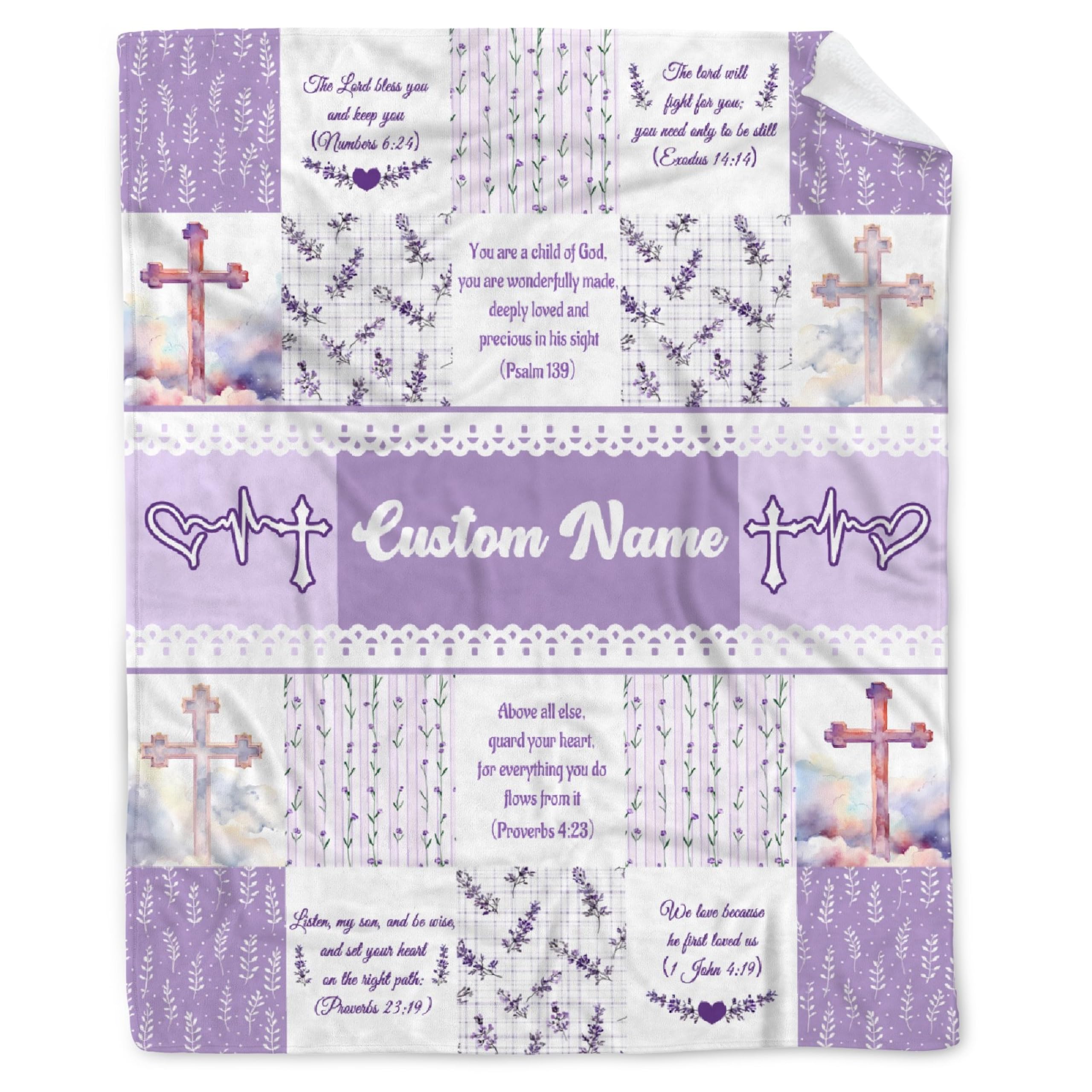 Personalized Christian Baptism Baby Blanket, Custom Baby Blanket with Name, Floral Plaid Patchwork God Bless Infant Bed Blanket, Customized Christian Gifts for Birthday/Shower Nursery Blanket 30"x40"