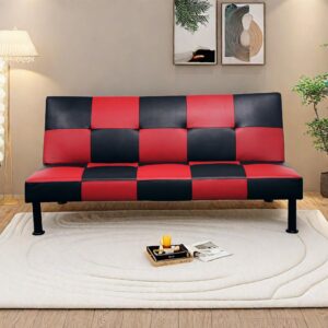 glasflength convertible futon sofa bed, modern comfy folding couches bed, 64" upholstered foldable recliner sleeper sofa with adjustable backrest for living room bedroom office, red black