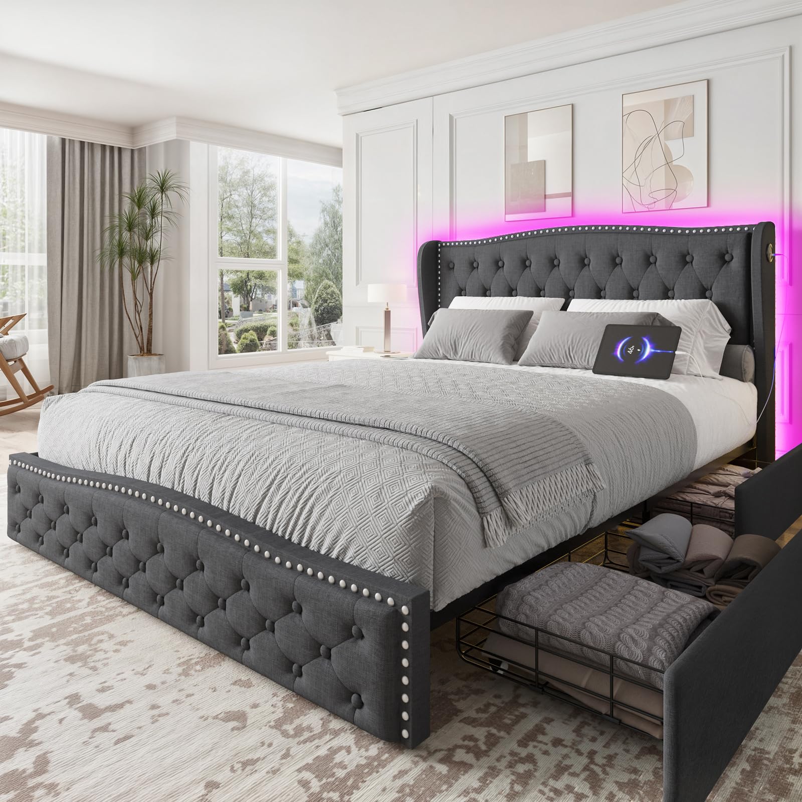 Vabches Queen Bed Frame with 4 Storage Drawers and Wingback Headboard, Upholstered Platform Bed Frame with LED Light & 2 Charging Station, Button Tufted and Rivet, No Box Spring Needed, Dark Grey