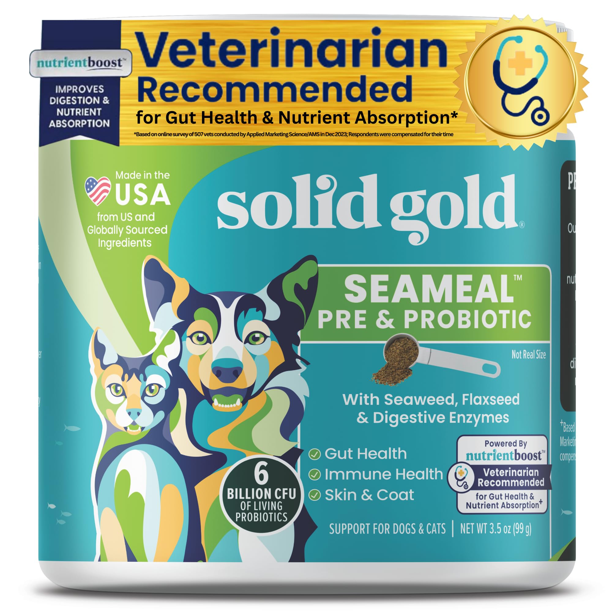 Solid Gold SeaMeal Cat Probiotic & Dog Probiotics for Digestive Health - Kelp Powder Dog & Cat Multivitamin Supplement w/Prebiotics & Digestive Enzymes for Skin, Coat, & Gut + Immune Support - 3.5oz