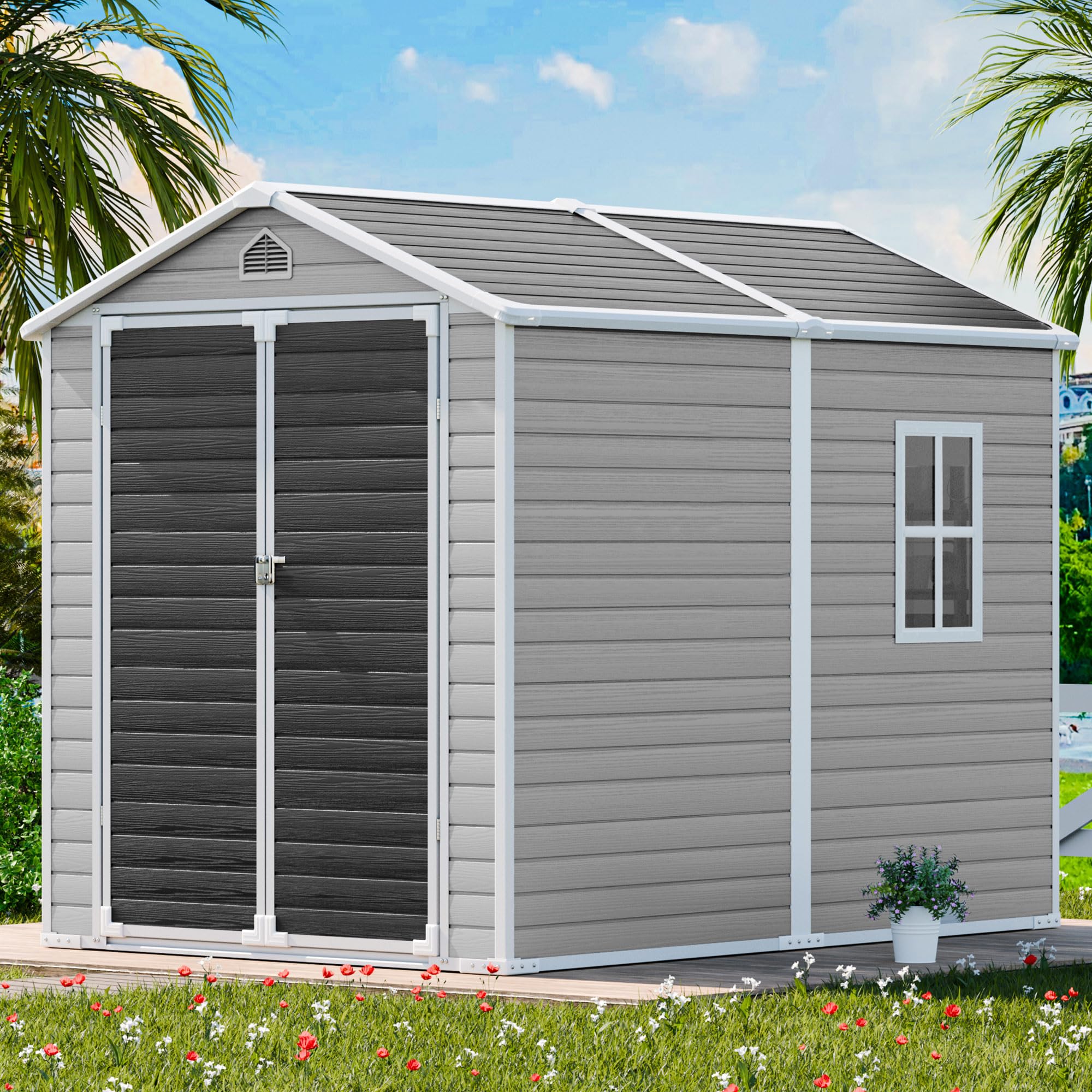 CDCASA 8x6 FT Outdoor Resin Storage Shed with Floor & Lockable Door & Window & Vents Included, Waterproof Outside Plastic Sheds for Backyard, Patio, Poolside, Lawn, Gray