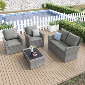 Amopatio 4 Pieces Outdoor Patio Furniture Set,Wicker Sectional Sofa Outdoor Patio Set Outdoor Rattan Patio Furniture, Patio Conversation Sets with Cushion, Grey