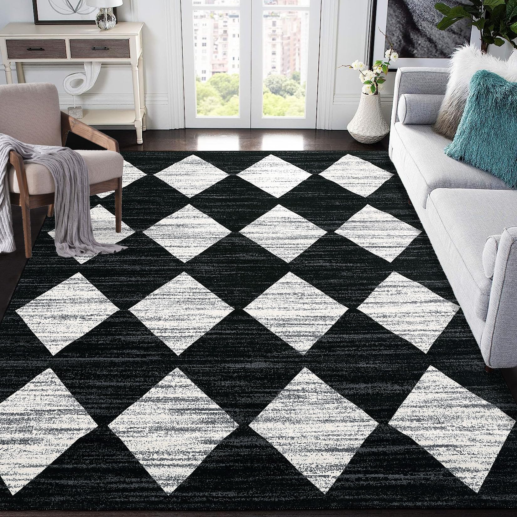 MilleLoom 9x12 Area Rug Washable Rugs Large Checkered Rug Modern Geometric Rug Living Room Rug, Soft Neutral Accent Rugs for Farmhouse Dining Room,Stain Resistant Non-Slip Low-Pile Floor Carpet Black