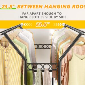 Raybee Clothes Racks for Hanging Clothes with Shelves, Adjustable Clothing Rack with Lockable Wheels, Multi-Functional Closet Rack For Bedroom, Heavy Duty Garment Racks for Hanging 220+ Clothes