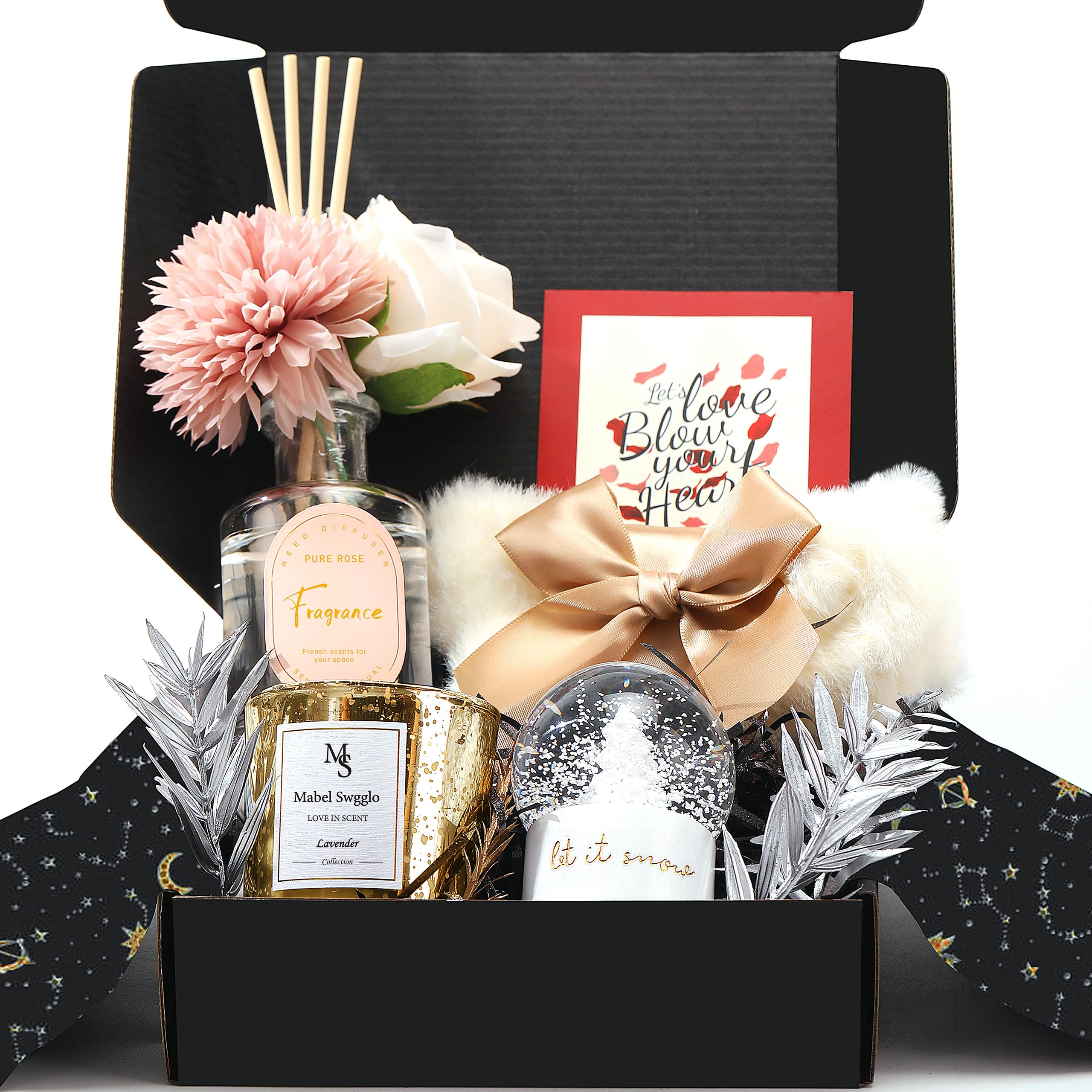 Christmas Gifts for Women Mom and Best Friends,Birthdays Gift Baskets for Women,Includes Scented Candle Reed Diffuser Fuzzy Socks Snow Globe Decor Flowers & More