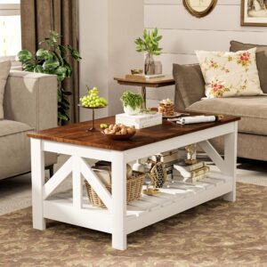 JUMMICO 39” Farmhouse Coffee Table for Living Room, 2-Tier Modern Living Room Table with Storage Shelf, Rustic Rectangular Center Table Space Saving Home Furniture (Rustic Brown & White)