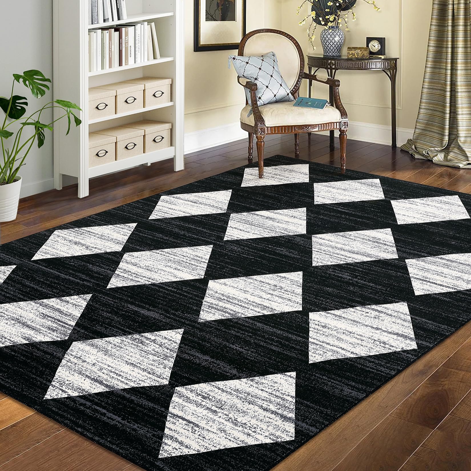 MilleLoom 9x12 Area Rug Washable Rugs Large Checkered Rug Modern Geometric Rug Living Room Rug, Soft Neutral Accent Rugs for Farmhouse Dining Room,Stain Resistant Non-Slip Low-Pile Floor Carpet Black