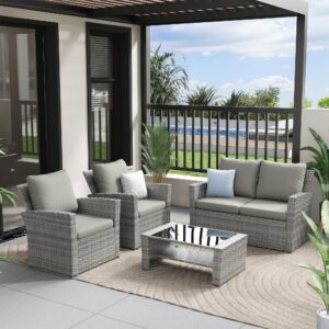 Amopatio 4 Pieces Outdoor Patio Furniture Set,Wicker Sectional Sofa Outdoor Patio Set Outdoor Rattan Patio Furniture, Patio Conversation Sets with Cushion, Grey