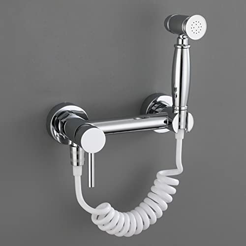 MINJING Wall Mounted Bidet Sprayer Kit for Toilet Chrome Button Hand Held Sprayer Toilet Faucet Attachment for Pet Bath/Personal Hygiene,Spring Hose