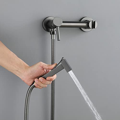 MINJING Toilet Shower Spray Mixer Set Grey Hot and Cold Wall Mounted Bidet Attachment Faucet Sprayer Kit for Toilet Single Function Bathroom Toilet Bidet Mixer Spray Kit,Spring Hose