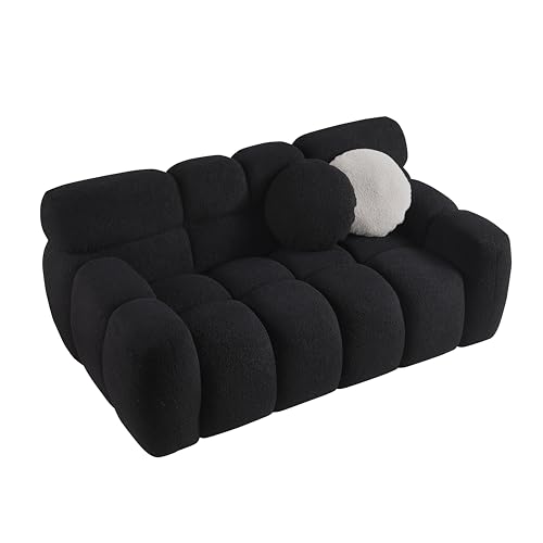 EOVTK 65" Boucle Loveseat Sofa, Modern Marshmallow Upholstered Tufted Cloud Couch with 2 Pillows for Living Room, Small Space, Apartment, Black