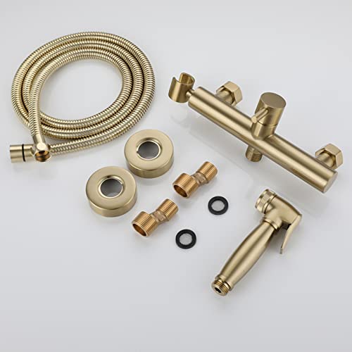 MINJING Bidet Sprayer Kit for Toilet Brushed Gold Multifunction Wall Mounted Bidet Attachment Faucet Toilet Sprayer Tap Attachment with Shower Hose