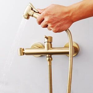 MINJING Bidet Sprayer Kit for Toilet Brushed Gold Multifunction Wall Mounted Bidet Attachment Faucet Toilet Sprayer Tap Attachment with Shower Hose