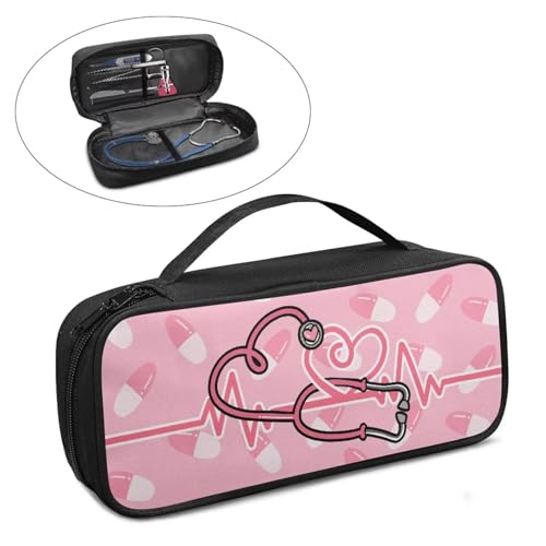 Rnyleeg Nursing Stethoscope Case Pink Heart Pattern Stethoscope Storage Pouch with Extra Room for Bandage Scissors and Penlights