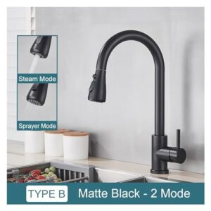 FHSRAEIP Black Kitchen Faucet, 304 Stainless Steel Kitchen Faucet with Pull Down Sprayer, Commercial Utility Pull Out Sink Faucet, Single Handle High Arc Kitchen Sink Faucets,Bath