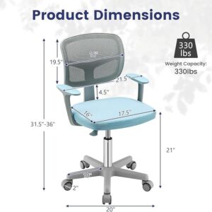 LDAILY Kids Desk Chair, Adjustable Height Computer Chair with Wheels, Armrest, Y-Shaped Lumbar Support, Soft Cushion, 360°Swivel Small Office Chair for Girls Boys Student Aged 4-12 (Blue)