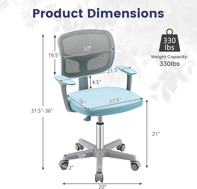 LDAILY Kids Desk Chair, Adjustable Height Computer Chair with Wheels, Armrest, Y-Shaped Lumbar Support, Soft Cushion, 360°Swivel Small Office Chair for Girls Boys Student Aged 4-12 (Blue)