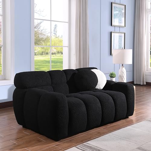 EOVTK 65" Boucle Loveseat Sofa, Modern Marshmallow Upholstered Tufted Cloud Couch with 2 Pillows for Living Room, Small Space, Apartment, Black