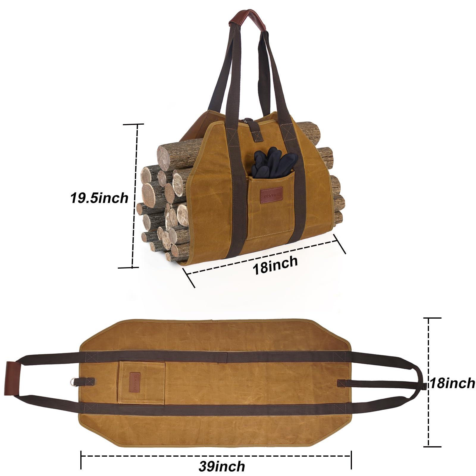 TUOWEI Newest Waxed Canvas Firewood Carrier - Sturdy Heavy Duty Log Carrier for Firewood Large Capacity Wood Carrier Log Tote Bag Firewood Holder Fireplace Wood Stove Accessories with Pocket & Gloves