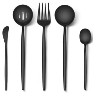 euirio 5pcs large serving utensils set, matte black hostess flatware serving utensils, heavy duty stainless steel serving spoon, slotted spoon, serving fork, sugar spoon&butter knife, dishwasher safe