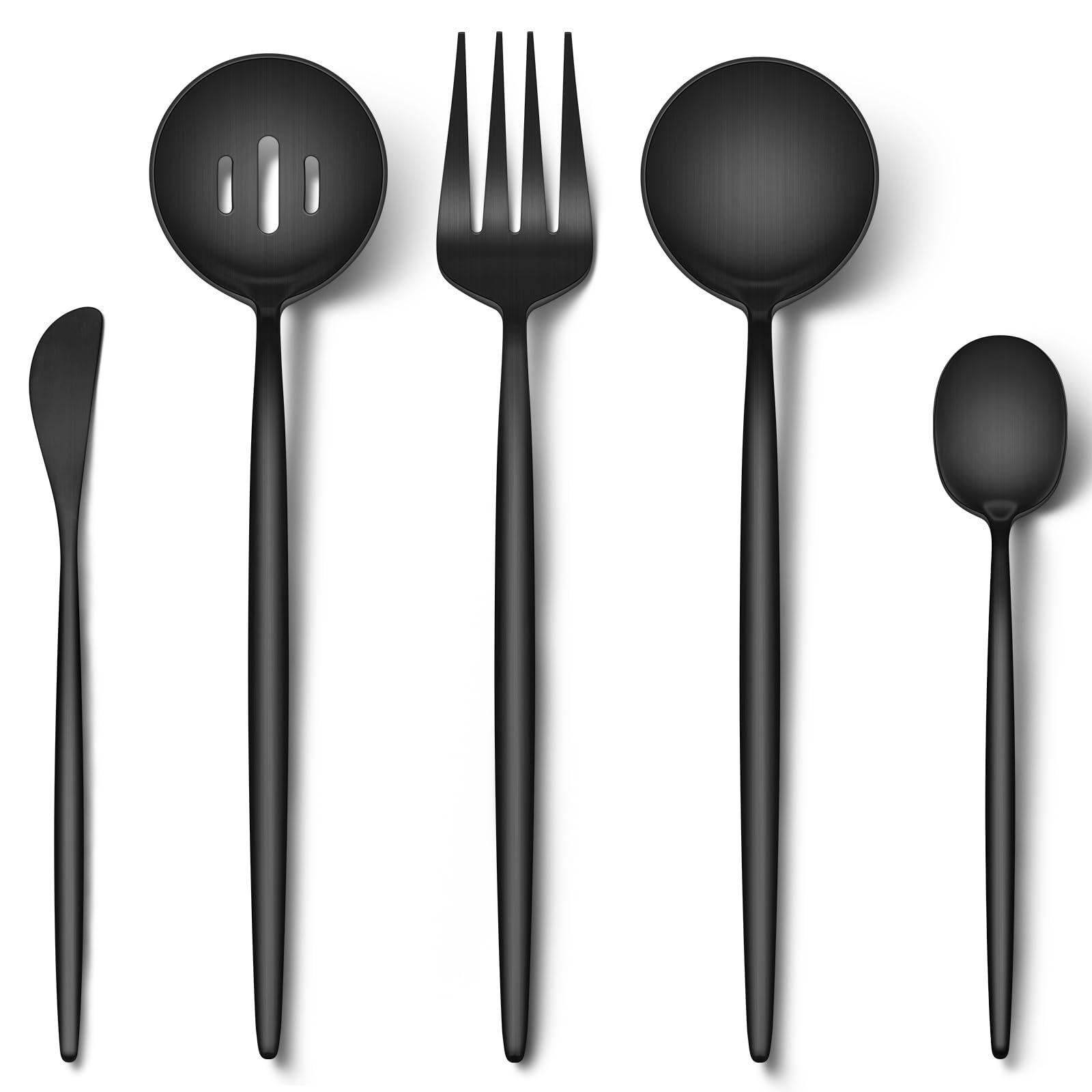 EUIRIO 5PCS Large Serving Utensils Set, Matte Black Hostess Flatware Serving Utensils, Heavy Duty Stainless Steel Serving Spoon, Slotted Spoon, Serving Fork, Sugar Spoon&Butter Knife, Dishwasher Safe